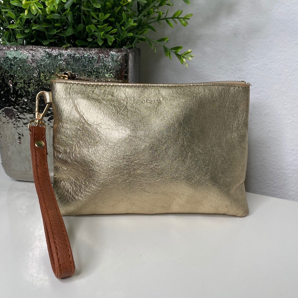 J.Crew Wristlet‎ Pouch Gold Metallic Leather Zip Clutch w/Free Vegan Wrist Strap